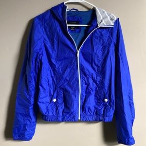 BLUE RAIN JACKET-LIKE JACKET WITH STRIPPED HOOD